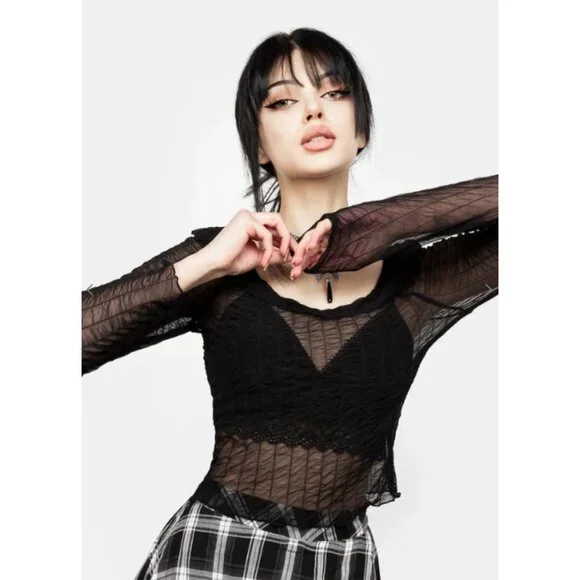 DISTURBIA Whisper gathered black mesh top - Picture 3 of 8